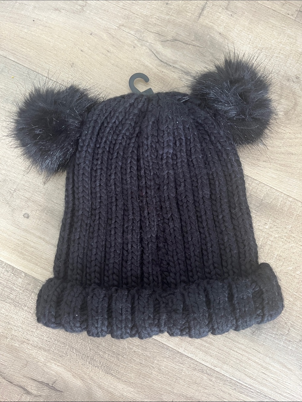 H&M Black Knit Beanie with Double Faux-Fur Pom Pom warm cozy knit winter holiday